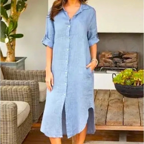 ITALIAN LINEN BUTTON-DOWN MIDI DRESS - NEW - Picture 1 of 5